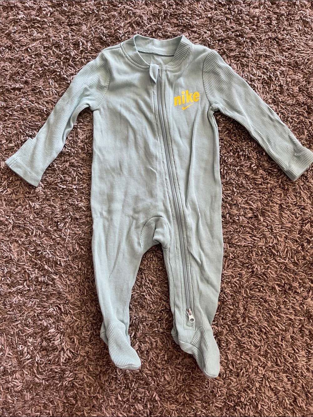 Nike Sage Green 3 Month Ribbed Footed One-Piece with Yellow Logo
